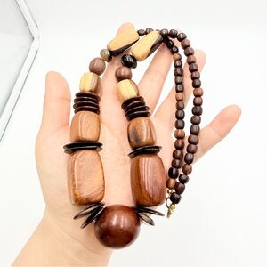 Vintage Wood Bead Statement Necklace Brown Natural Chunky Tribal Boho